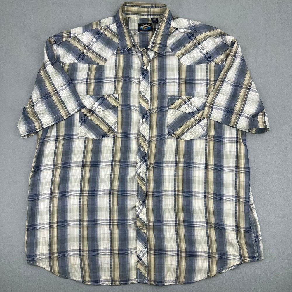 Falcon Bay Mens 3XLT Plaid Western Pearl Snap Short Sleeve Shirt Blue Tan White